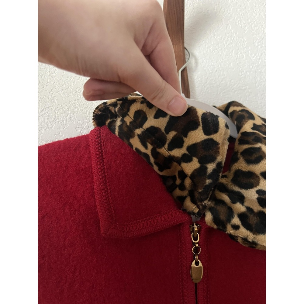 Lisa International Vest Womens Medium Red Wool Faux Fur Leopard Collar Zip - Picture 3 of 13